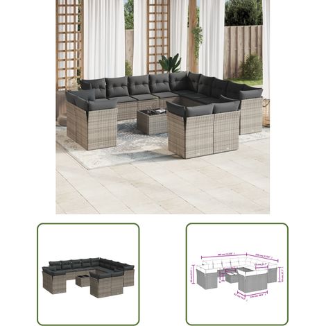 The Living Store 14-tlg. Garten-Sofagarnitur mit Kissen Grau Poly Rattan - Gartenmöbel Set - PE-Rattan Möbel - Outdoor Sofa - Esstisch - Lounge Garnitur (1/3)