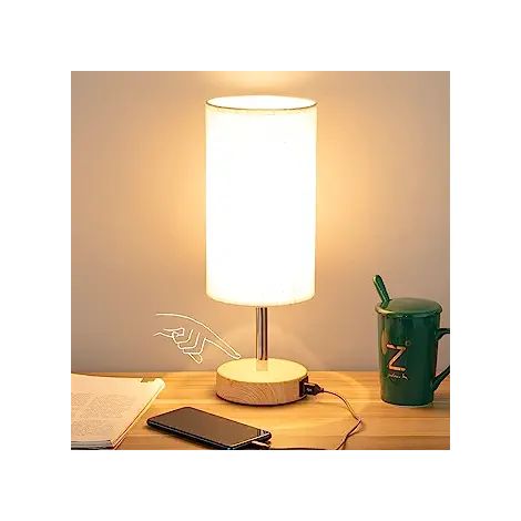 Nachttischlampe mit USB-Anschluss, runder Lampenschirm aus Leinen für Schlafzimmer, Wohnzimmer, Studio, Heimbüro. (1/5)