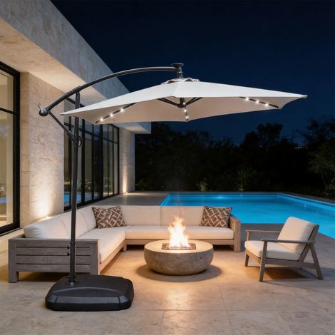 Abrihome 2.35m Patio Umbrella with Built-in LED Lights – UV Protective Polyester Fabric for Garden & Outdoor Shading, Beige