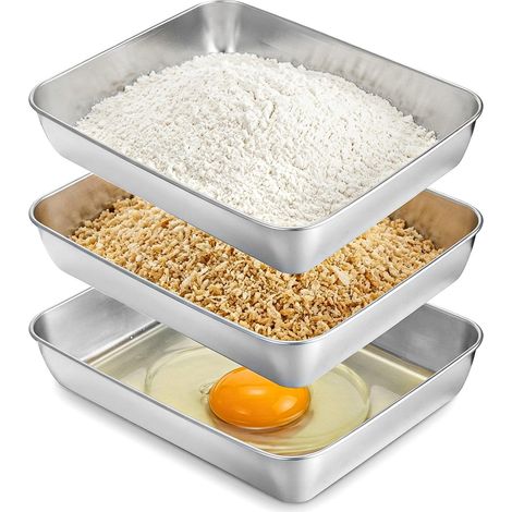 Lot de 3 Plateaux Inox Rectangulaires, Boîtes de Conservation Alimentaire, Bacs Gastronomiques pour Panure, Cuisson et Service, 30x25x6cm (1/5)