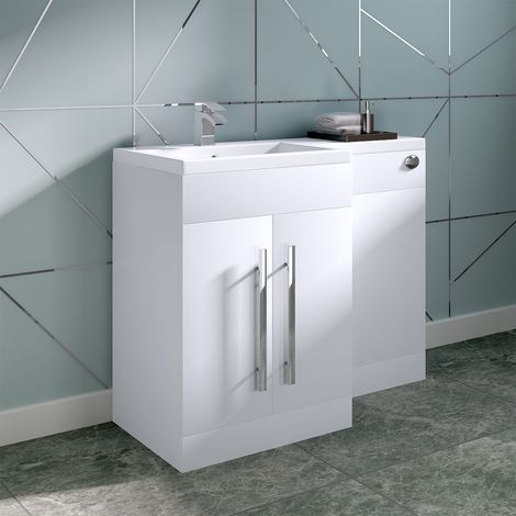 White Left Hand Bathroom Storage Furniture Combination Vanity Unit Set (No Toilet) (1/5)
