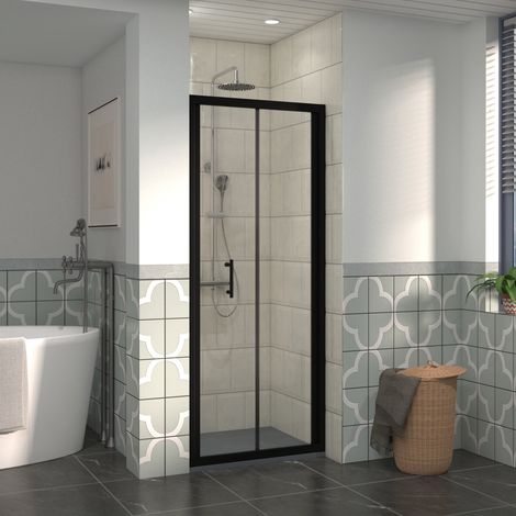 NRG 700mm Bathroom Bi- Fold Shower Door Black Framed with 700x700mm SMC Square Shower Tray Anthracite (1/5)