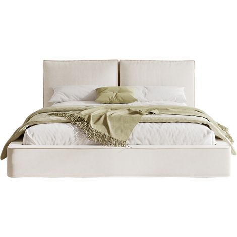 Letto matrimoniale imbottito 160x200 con rete a doghe, testiera imbottita alta 105 cm, tessuto beige, struttura avvolgente e design moderno, di CHICFURN (1/5)