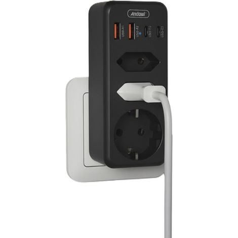Andowl - Multipresa Da Parete Multipla 7in1 Con 4 Usb 1 Schuko 2 Spine Eu 3500w Salvaspazio Q-cz3500 - (1/5)