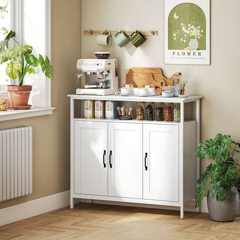 Credenza in stile industriale per soggiorno con 3 ante, vano a giorno e ripiani regolabili, ideale anche per sala da pranzo, 100x35x88 cm, colore bianco.
