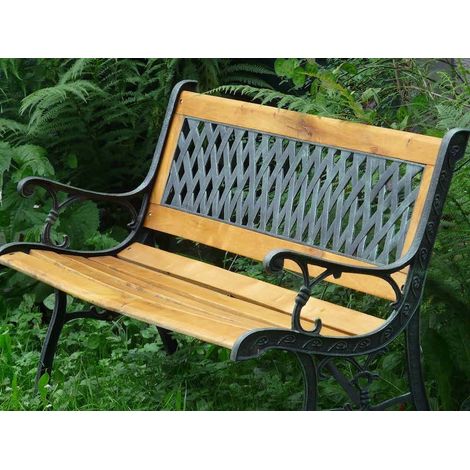 Le Poisson Qui Jardine – Banc de jardin en bois traité et fonte de fer – Dossier à motif grille – Longueur 122 cm – Largeur 54 cm – Hauteur 73 cm – Confort optimal