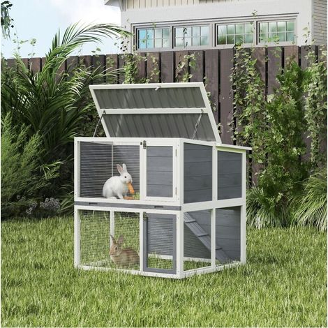 Cunicolo per conigli a 2 livelli in legno grigio con tetto apribile HAVRYA (1/3)
