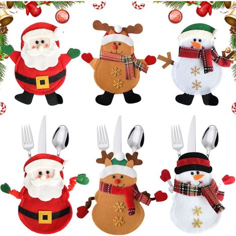 Funda Para Cubiertos Navideña - Fieltro No Tejido - Rojo Blanco Marrón - 16 x 15 cm - Adornos Temáticos Papa Noel Muñeco De Nieve Reno - 6 Unidades (1/5)