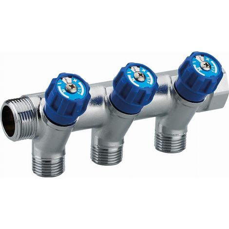 Verteiler mit integrierter Armatur blauer Griff männlich weiblich MF3/4' (20x27), 3 Abgänge männlich M1/2' (15x21) Scheibe zur Identifizierung des Wasserpunktes Achsabstand 50 mm NOYON & THIEBAULT - 8