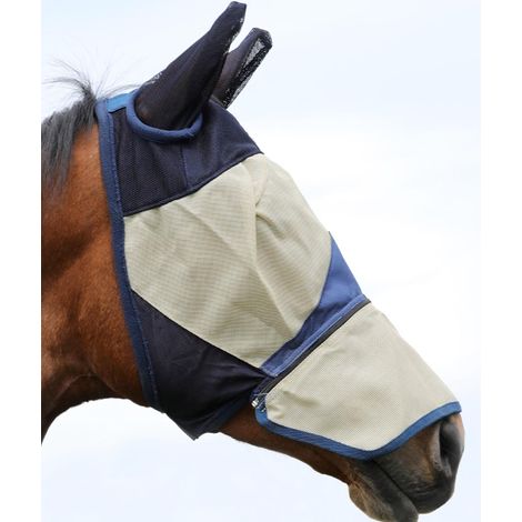 Cob, Crema: Maschera per cavallo antimosche in PVC con copriorecchie chiusura tessuto a strappo e cerniera