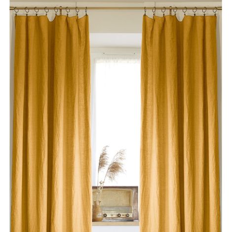 Lot de 2 rideaux ajustables en LIN Soline avec 8 anneaux pince 140 x 270 cm Jaune (1/5)