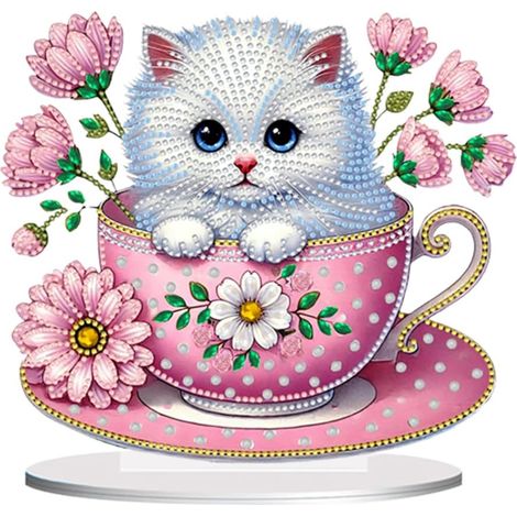Kit de peinture diamant 5D à faire soi-même : support pour tasse à thé en forme de chat, décoration de table, peinture diamant double face pour débutants, idée cadeau pour la maison et la famille 1 (1/5)