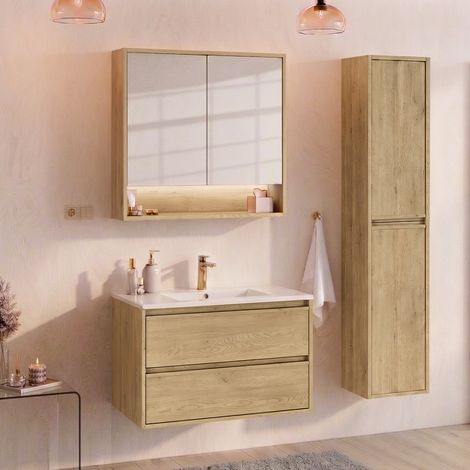 Set composto da mobile con lavabo singolo da incasso da 80 cm, colonna e armadio a specchio Edmé Bois (1/5)