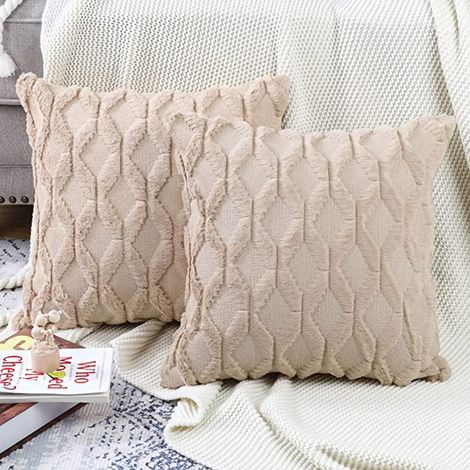 Housse de coussin double face en peluche losange, motif moderne simple, coussin décoratif avec rembourrage intérieur, couleur marron clair 45x45cm (coussin inclus) (1/5)