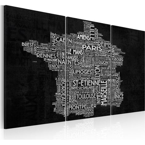 Tableau 3 Panneaux "Text Map of France on the Black Background" 60 x 90 cm (1/2)