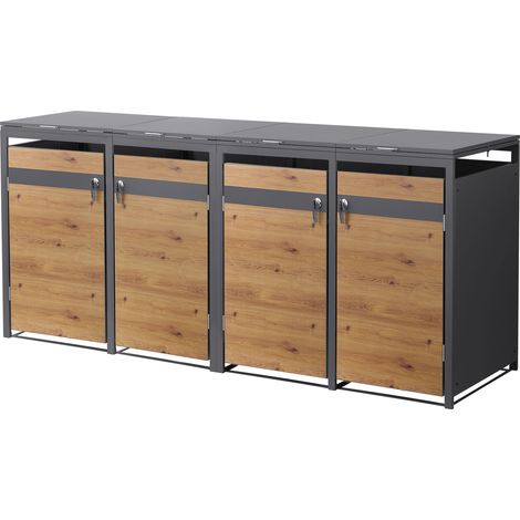 ML-Design Mülltonnenbox 4er 240L, Mülltonnenverkleidung für 4 Mülltonnen, Müllbox wetterfest, Mülltonnenhaus aus Stahl, Müllcontainer mit Deckel, abschließbare Tür, 264x80x120 cm, Anthrazit-Holzoptik (1/5)