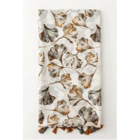 Écharpe à motif de feuilles - beige à pompons - 180 x 90 cm (1/5)