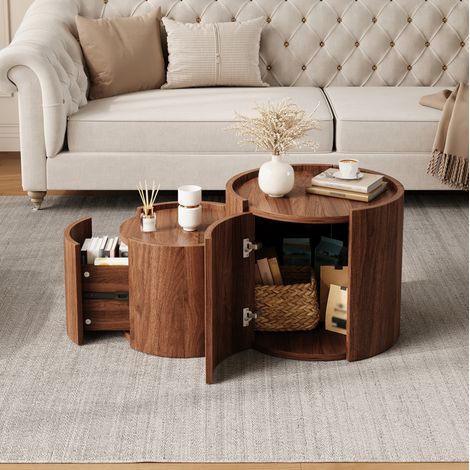 Table basse ronde avec tiroirs et rangements en panneaux PB couleur noyer (1/5)