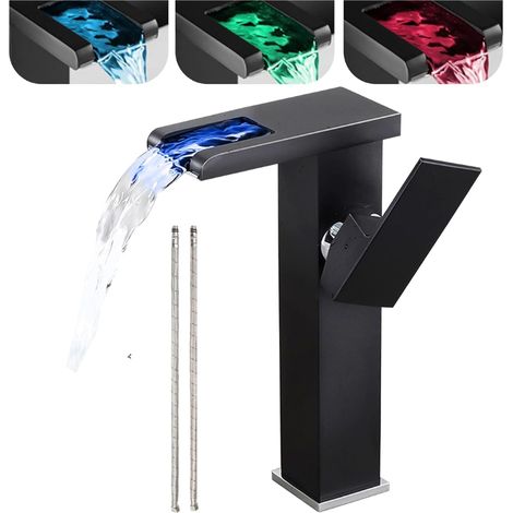 Robinet de salle bain Noir avec éclairage LED, cascade à 3 couleurs changeantes, poignée unique, robinet lavabo un trou,  sans trop-plein, montage sur plan toilette haut（Avec Tuyaux) (1/5)