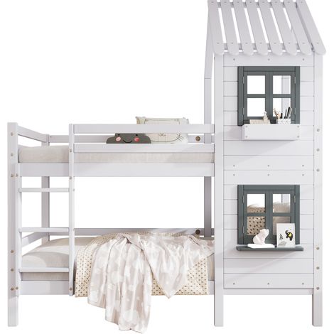 Lit superposé maison Lit effant 90x200 cm avec fenêtre et main courante - Sécurité chutes avec barrières de protection - pin - blanc (1/5)