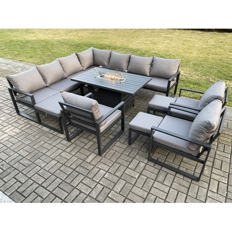Fimous Aluminium Lounge Corner Sofa Outdoor Garden Furniture Sets Gas Fire Pit Dining Table Set with 3 Chairs 3 Footstools Dark Grey (1/5)