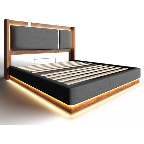 Cama doble 140 x 190 cm con somier, LED, arcón hidráulico, lino gris y madera nogal (1/5)