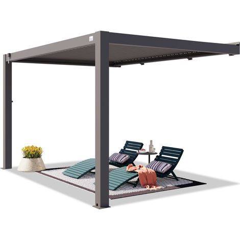 PRIMEYARD Terrassenüberdachung 3x4 m Aluminium-Pfosten mit Lamellendach aus Alu anthrazitfarbene Anbau-Pergola