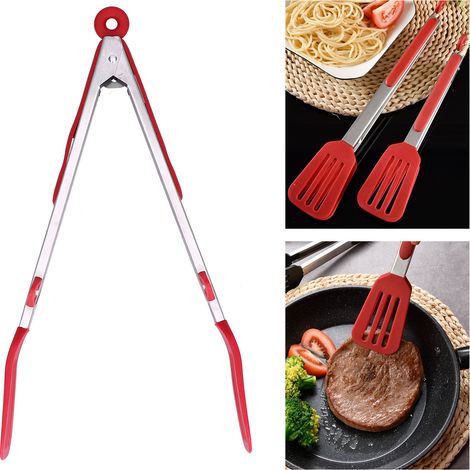 Grillzange aus Edelstahl und Silikon, Steakzange für den Grill, Grillbesteck für Zuhause, 30 cm langer roter Ständer (1/5)