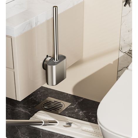 Brosse de toilette en silicone avec support, tête de brosse plate, nettoyage en profondeur, installation par ventouse. (1/5)