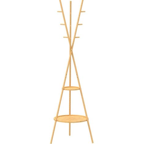 CHICFURN Perchero de pie 176 x 58,5 cm de bambú natural, 9 ganchos y 2 estantes (1/5)