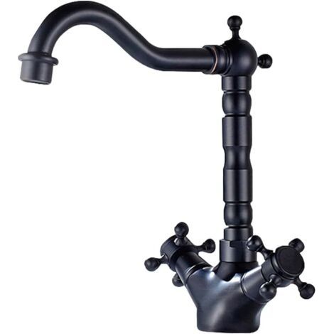 Robinet de cuisine à double poignée en croix, d'évier en laiton à montage sur plage, monotrou, robinet d'eau chaude et à eau froideo (noir, court) (1/5)