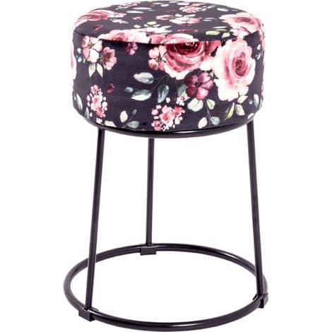 Tabouret en Velours "Motif Fleurs" 46cm Noir & Rose