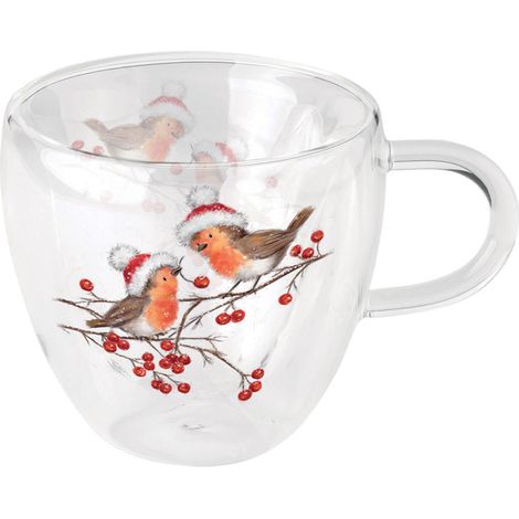 Tasse à thé en verre double paroi rouges-gorges de Noël