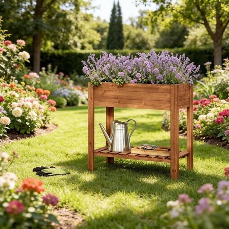 Bac potager surélevé 80x40x75 cm en bois brun, avec rangement pour jardin, FLORAGRACE (1/5)