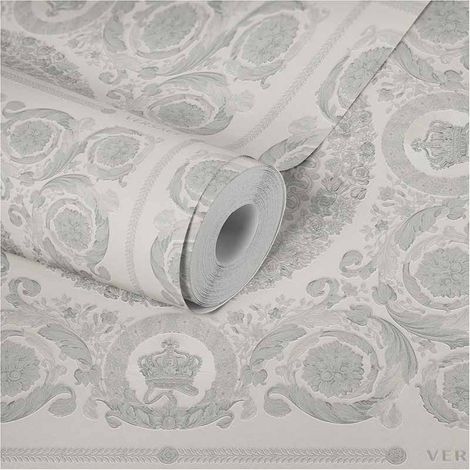 Papier peint gris argenté intissé motif fleur baroque Tapisserie pour chambre gris & argent Papier peint intissé salon chic (1/5)