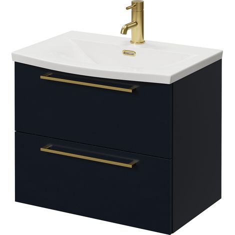 Napoli 390 Deep Blue 600mm Wall Mounted 2 Drawer Vanity Unit with Arc Basin - 600mm - Brushed Brass 320mm Handle
