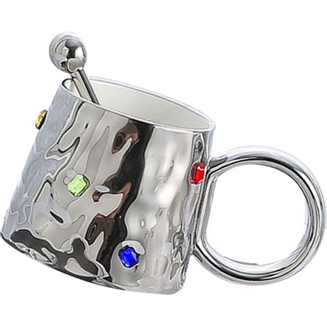 Luxuriöser und edler Becher, verziert mit Edelsteinen, Keramikbecher für Zuhause, hochwertiger Bürobecher für Paare, Silber (1/5)