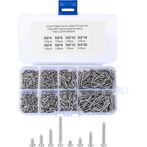 Lot de 800 vis auto-taraudeuses cruciformes à tête fraisée avec boîte en plastique (M2-4 mm, 5 mm, 6 mm, 8 mm, 10 mm, 12 mm, 16 mm, 20 mm, argenté) (1/5)