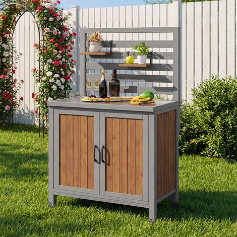 Meuble Rangement Jardin Outdoor Noir - Armoire Météo avec Plan Travail Inox, Grande Tiroir, Étagères Réglables, Anti-Basculement (1/5)