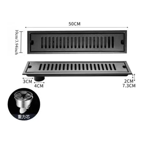 (10cmx50Cm side)Bathroom shower floor drain, household and hotel long strip floor drain, 304 stainless steel black floor drain (1/4)
