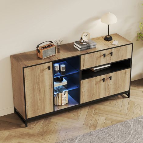 Buffet naturel 160x40x84 cm avec 2 portes et étagères verre, cloisons réglables, pour salon, salle à manger, bureau (1/5)
