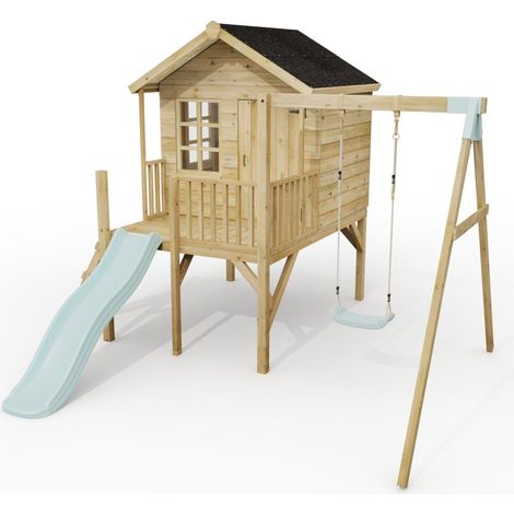 ClassicPlay Premium 5ft Playhouse on Deck with Single Swing and Slide Ice Blue (1/5)