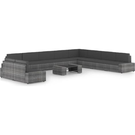 11-tlg. Garten-Lounge-Set mit Kissen Grau Poly Rattan