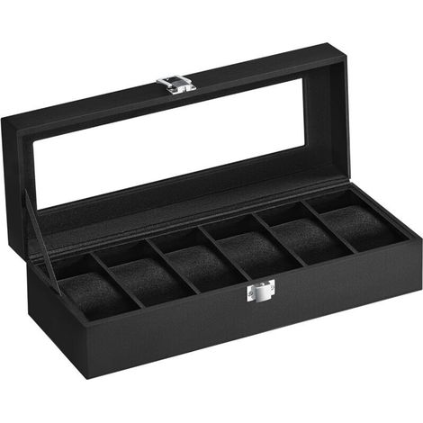 Boîte à Montres à 6 Emplacements, Coffret à Montres, Écrin, Couvercle en Verre, Coussinets Amovibles, Serrure en Métal, Revêtement en Noir et Doublure en Noir (1/5)
