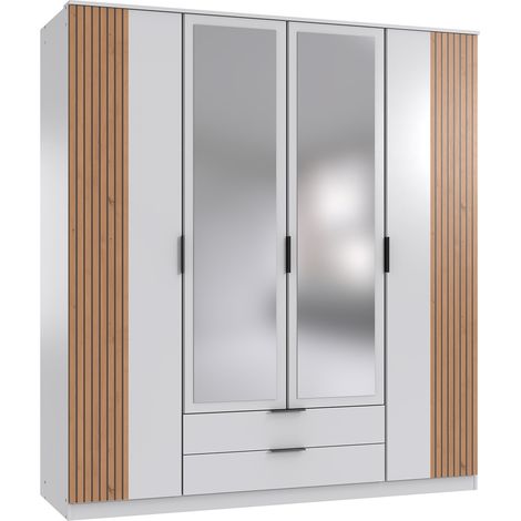 Armoire avec corniche, meuble de rangement + 2 miroirs coloris blanc, rechampis imitation chêne artisan - Longueur 180 x Hauteur 199 x Profondeur 58 cm (1/3)
