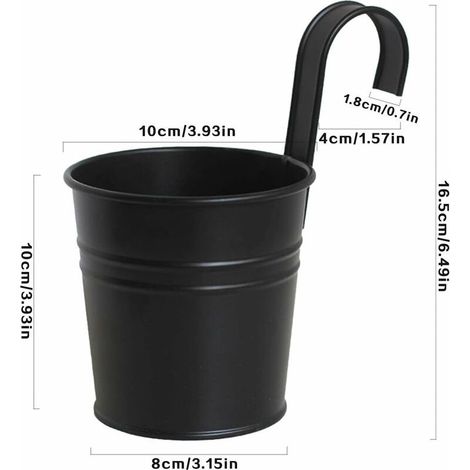 Set di 4 vasi da fiori sospesi in ferro nero con gancio rimovibile, adatti per uso interno ed esterno. (1/5)
