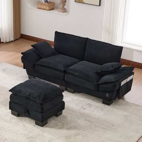 Modulares 2-Sitzer Cordsofa mit Hocker und Stauraum, integrierter USB-C Anschluss, ergonomisches Sofa aus Corduroy, 190x132x84 cm, Schwarz (1/5)