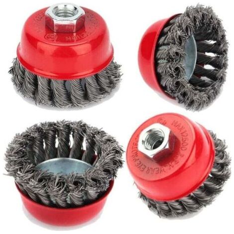 Brosse de nettoyage métallique, 4pcs brosse à treillis métallique M14 torsadé 75 mm pour meuleuse d'angle brosse coupe, dérouillage corrosion détournant la peinture
