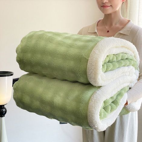 Couverture Épaissie Double Couche Bubble Fleece,150x200cm Plaid Polaire Chaud en Flanelle et Sherpa, Couverture Unie,Vert (1/5)