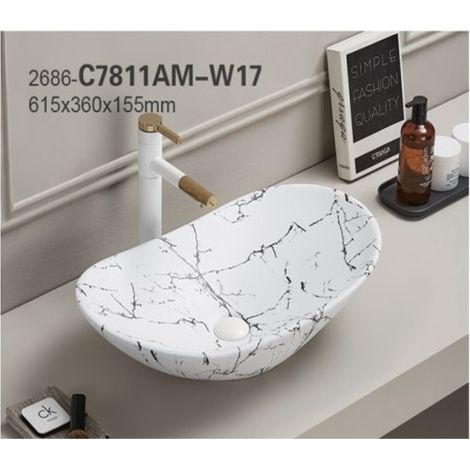 Vasque à poser en céramique blanche marbrée - L 61 x 36 cm - Gamme Lena - Livraison gratuite